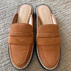 Stuart Weitzman Tan Suede Monty Mules with Rhinestone Trim